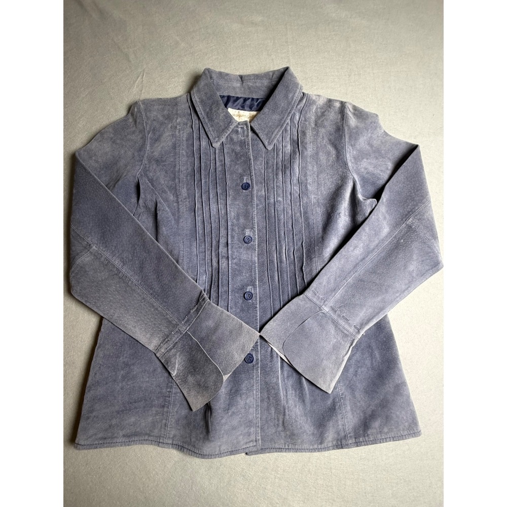 Margaret Godfrey Blue Suede Leather Pintuck Pleated Jacket Size 12